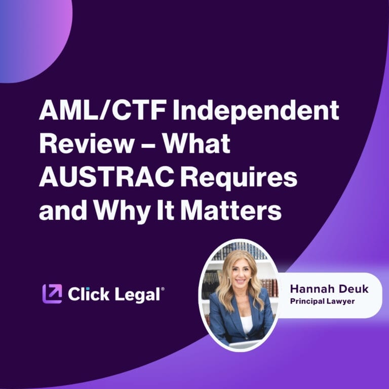 AML/CTF Independent Review graphic with Hannah Deuk, Principal Lawyer at Click Legal, promoting AUSTRAC compliance.