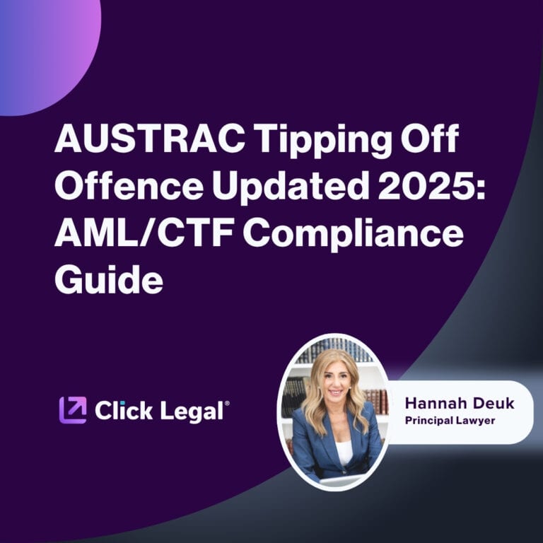 AUSTRAC Tipping Off Offence 2025 AML/CTF Compliance Guide graphic featuring Hannah Deuk, Principal Lawyer at Click Legal.