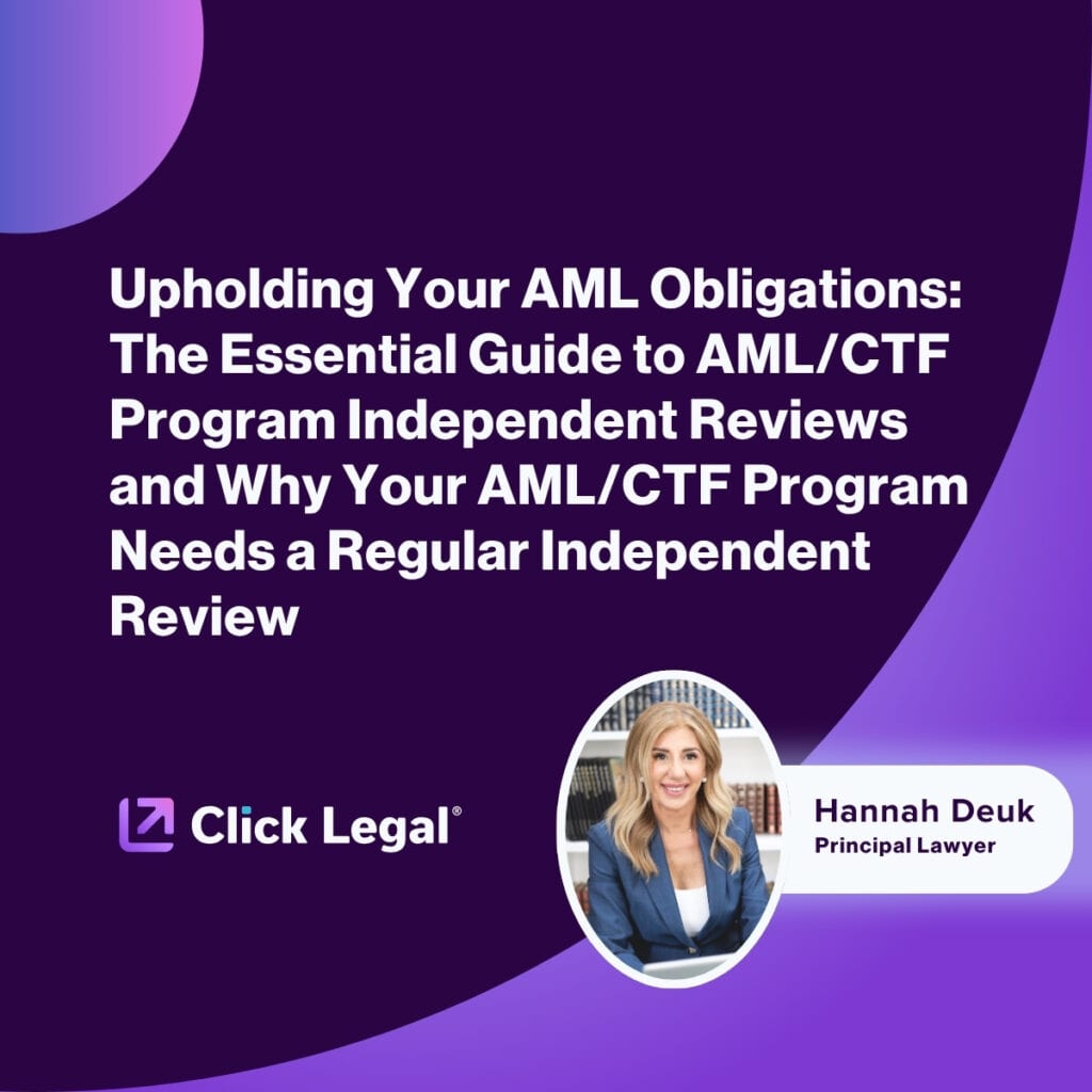 AML/CTF Program Independent Reviews by Click Legal, featuring lawyer Hannah Deuk.