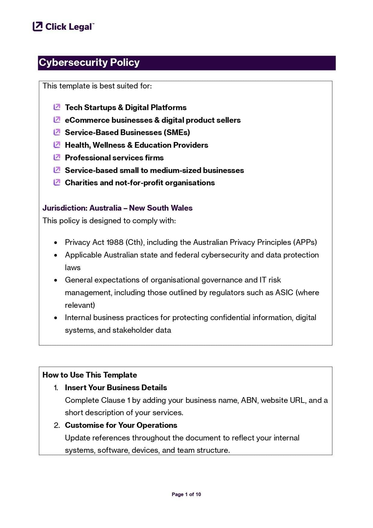 Cybersecurity Policy Template for Australian Businesses: Compliance for Australian data protection laws.