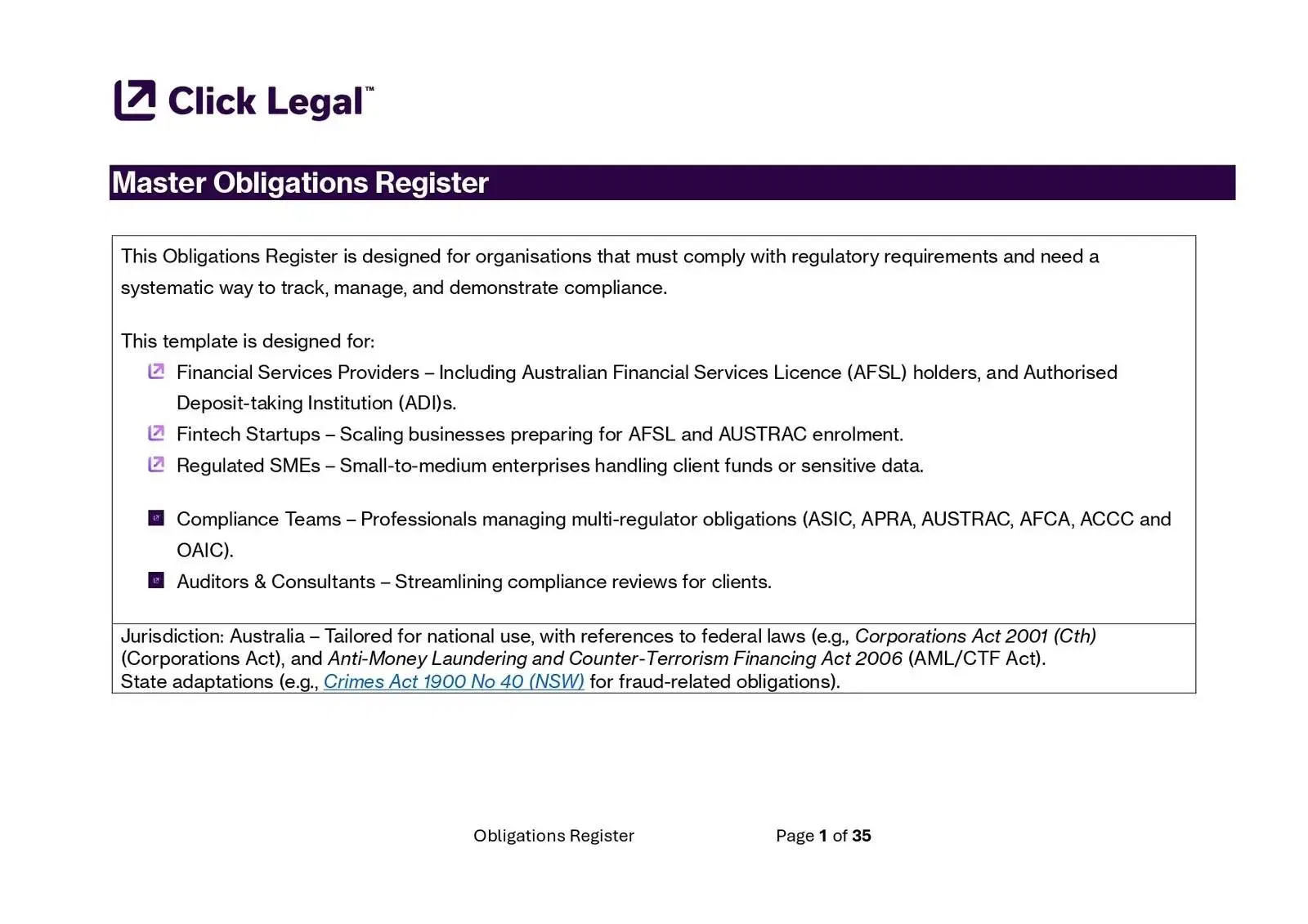 Click Legal Master Obligations Register Template for Financial Services Providers: Compliance for financial services.