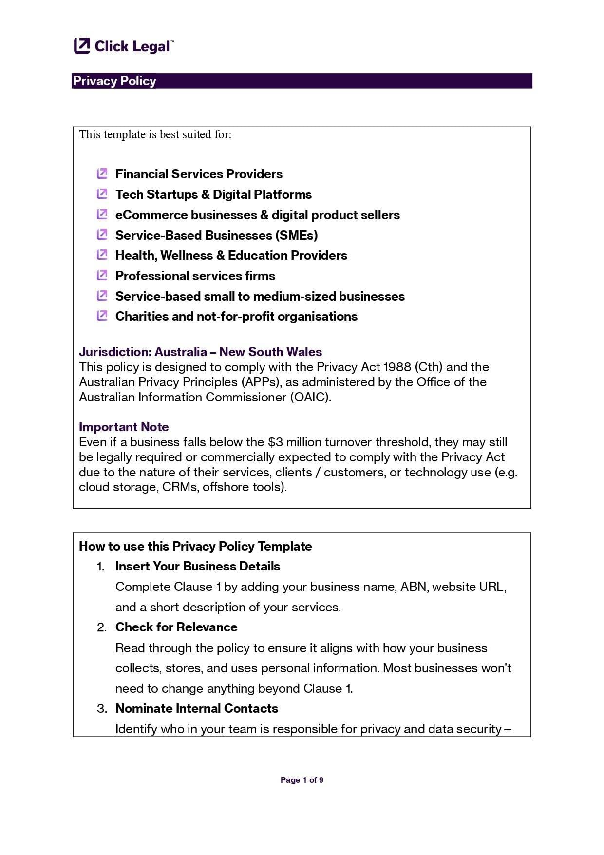 Click Legal™ Privacy Policy Template for financial services, tech startups, e-commerce, and service-based businesses.