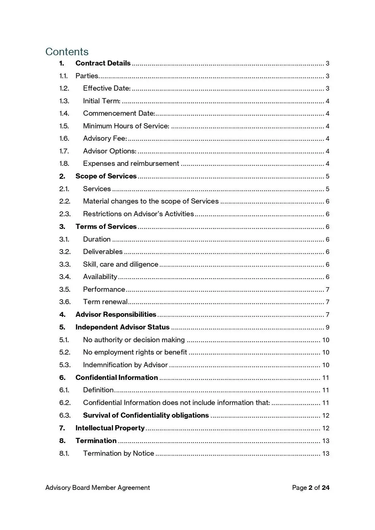 Advisory Board Member Agreement Template: Table of contents outlining contract details, scope of services, & responsibilities.
