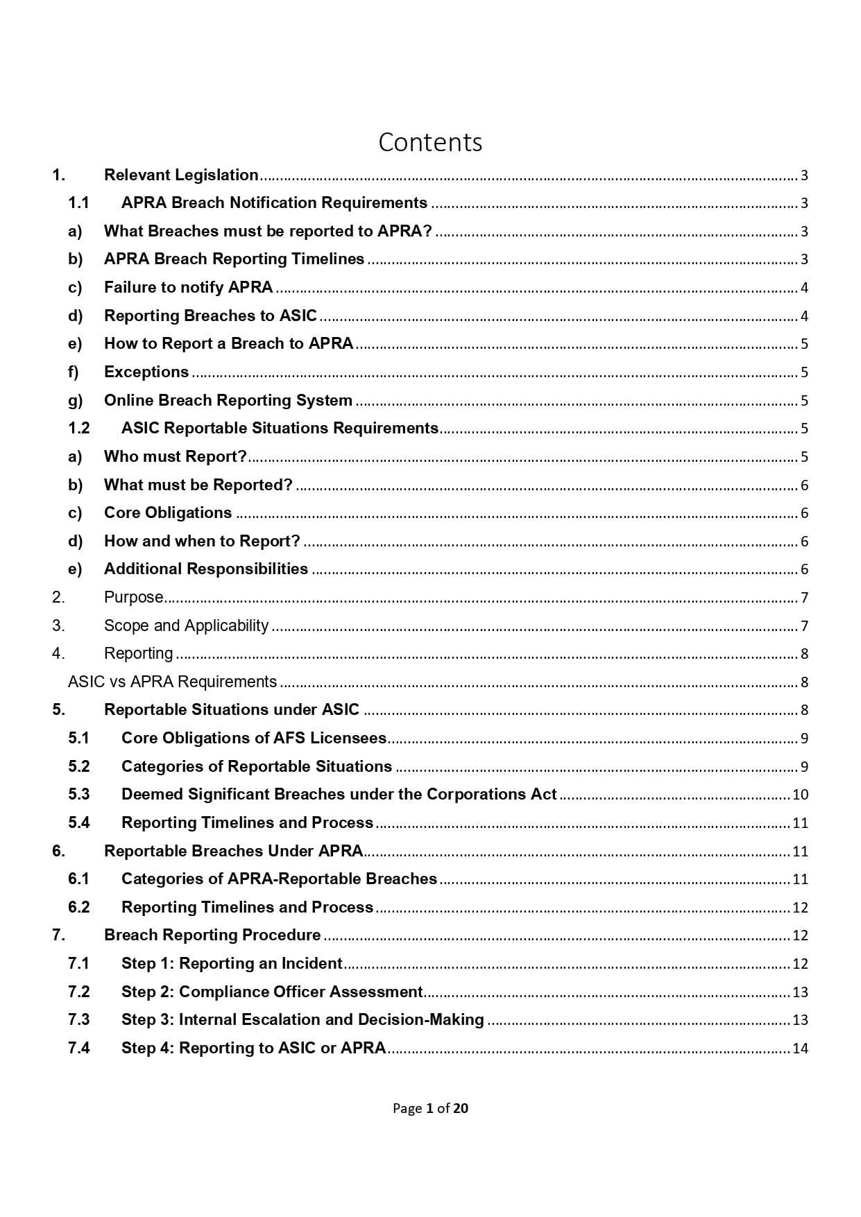 Breach Reporting Policy Template: APRA & ASIC Compliant contents page.