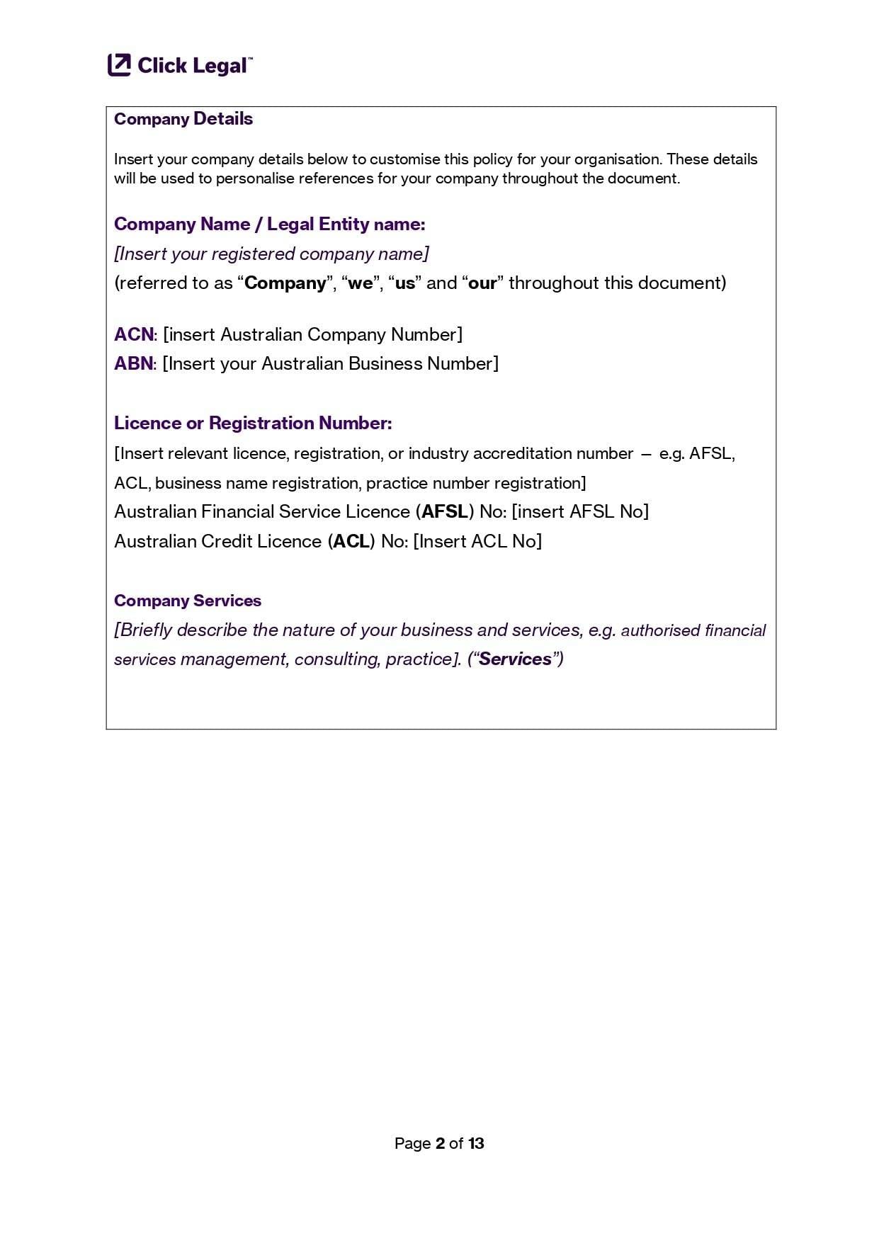 Complaints Handling Policy Template for AFSL & ACL Holders: Company details section for customization, including name, ACN, ABN, licenses, and services.