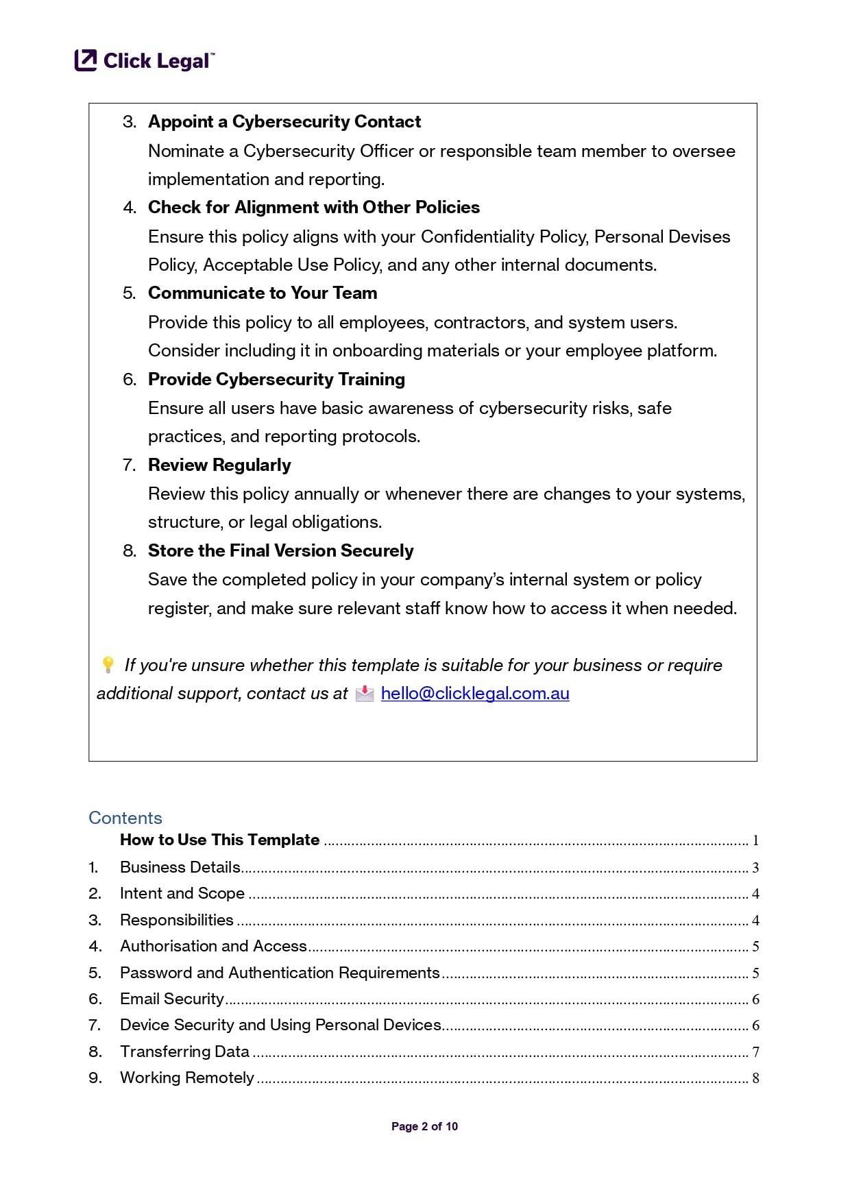 Cybersecurity Policy Template for Australian Businesses: outlining steps for appointing a contact, aligning policies, and training.