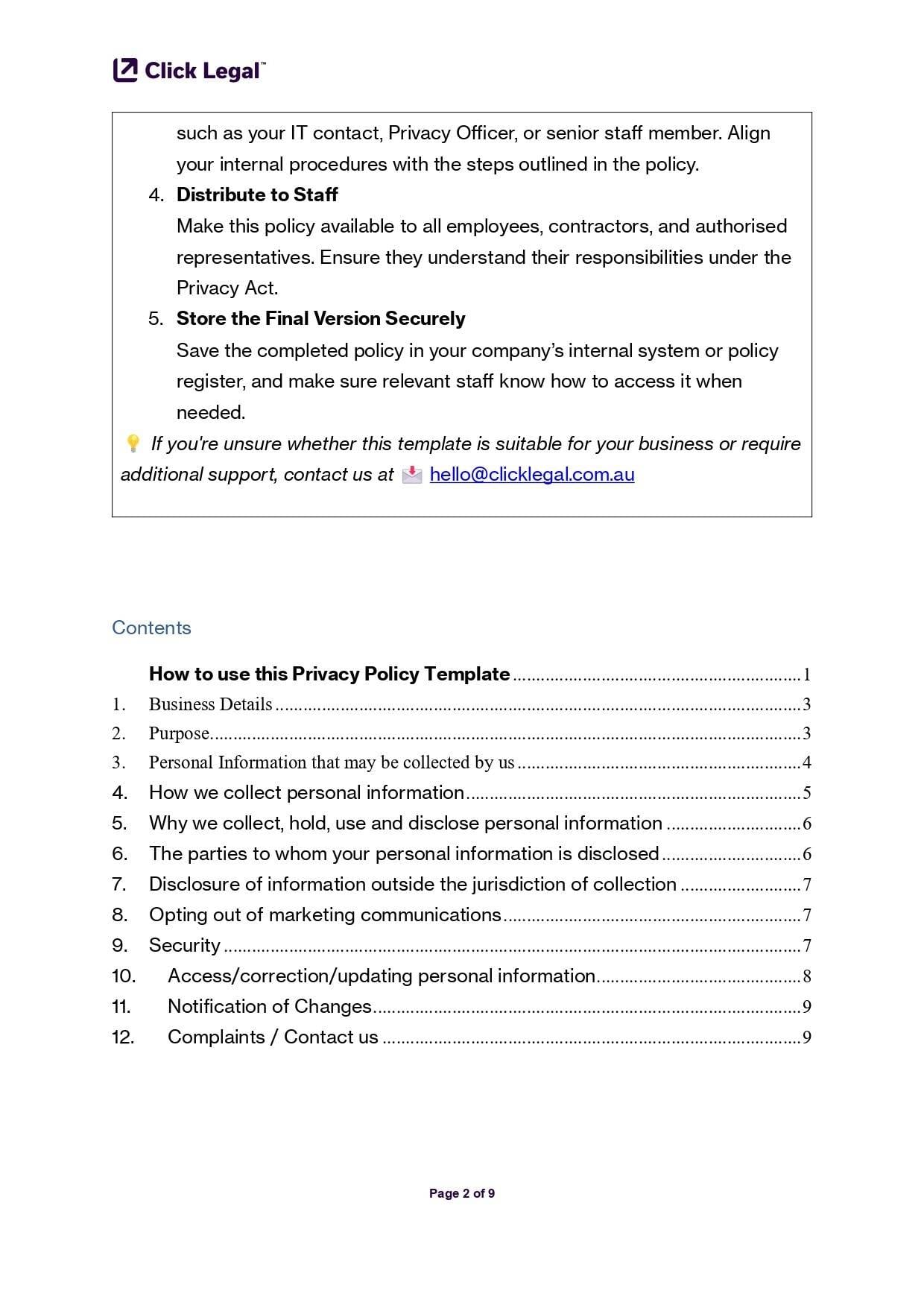 Click Legal Privacy Policy Template: Instructions for staff distribution and secure storage.