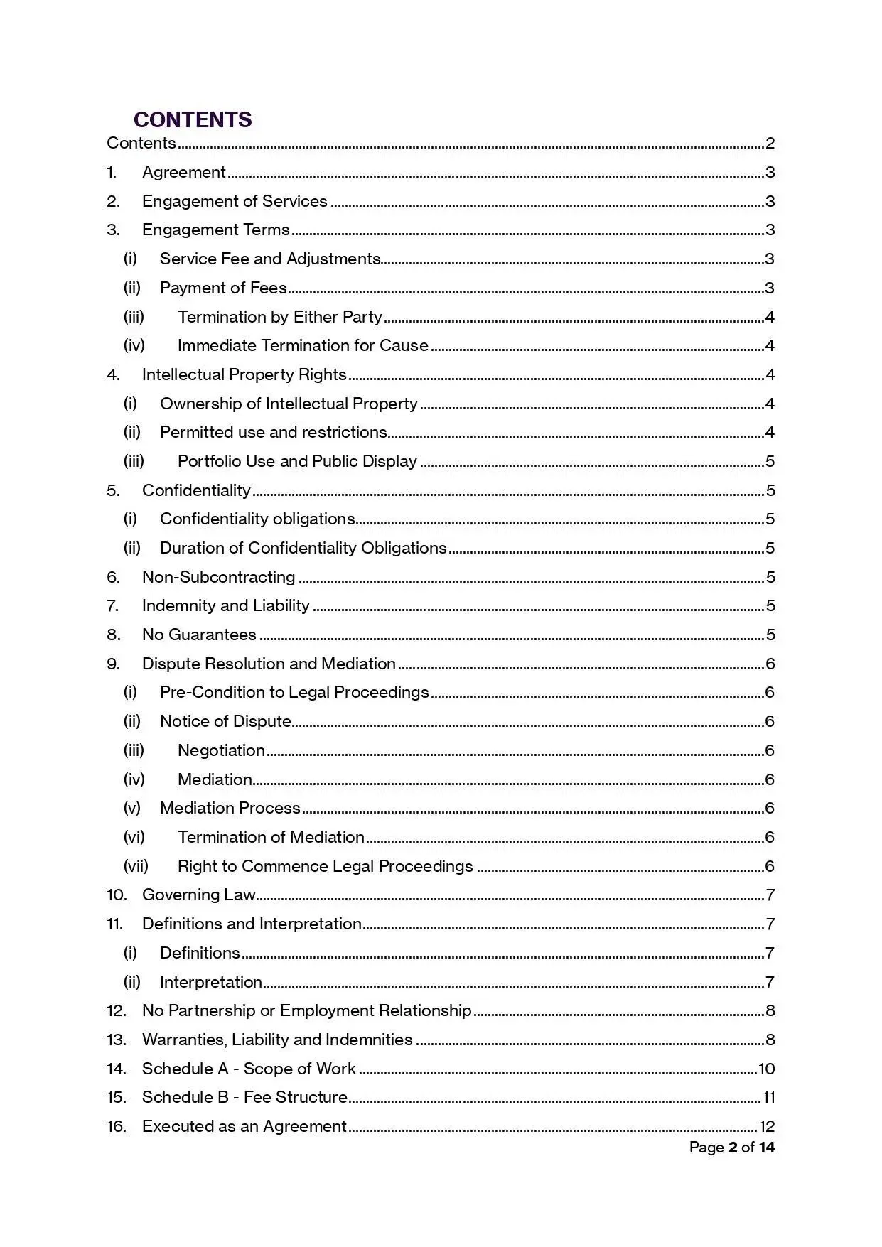 Virtual Assistant Agreement Template (Australia): Contents page showing sections like agreement, services, terms, and intellectual property.