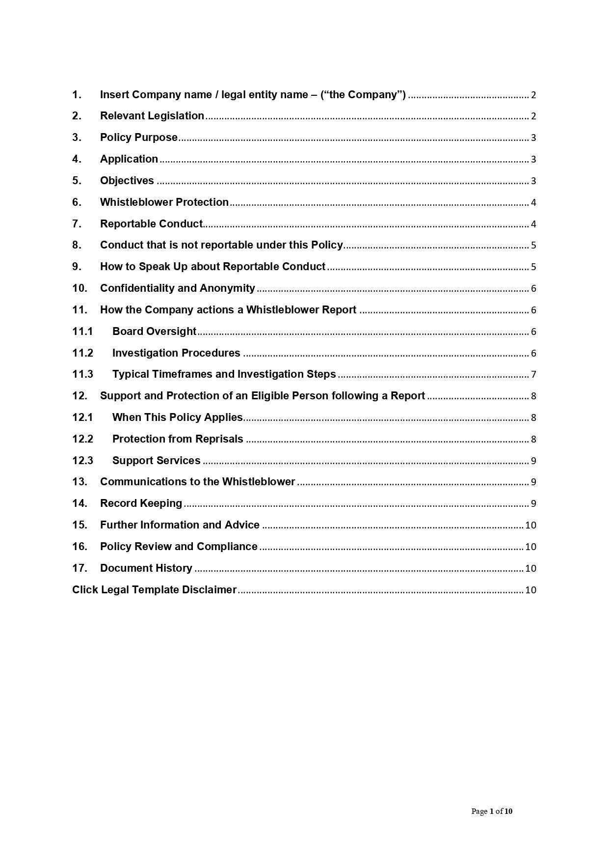 Whistleblower Policy Template document showing a table of contents.