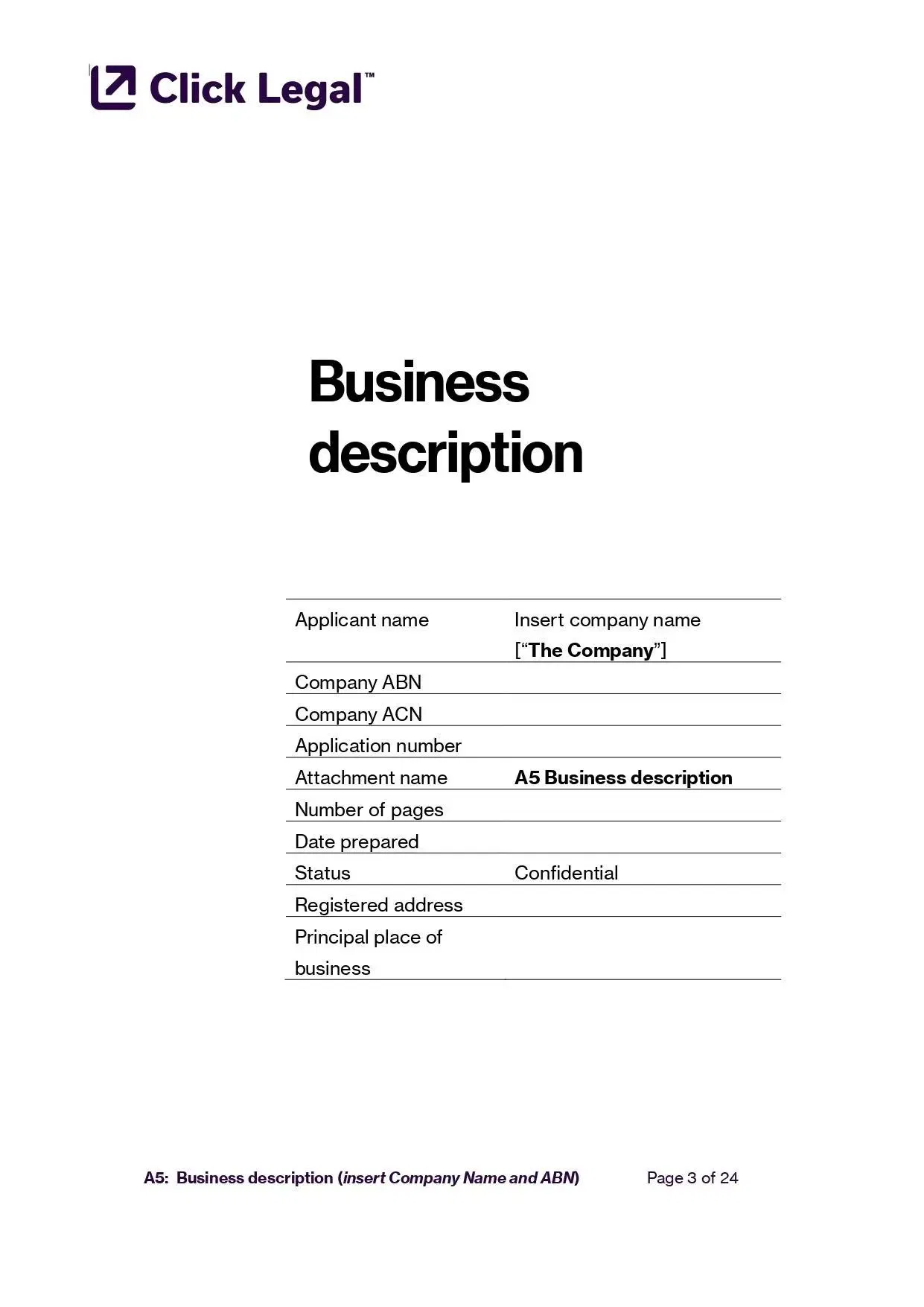 AFSL A5 Business Description Template: Instant download, ASIC-ready legal document from Click Legal™.