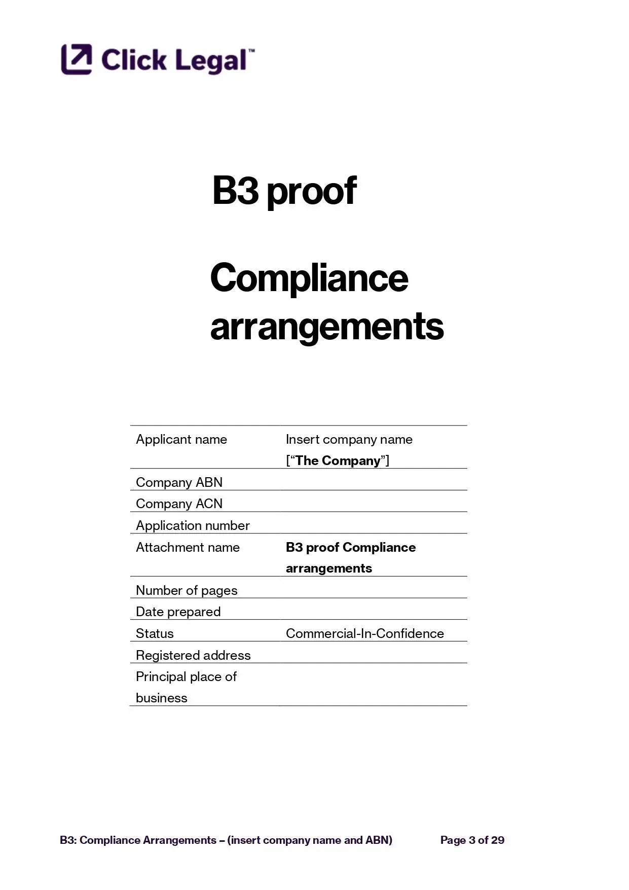 AFSL B3 Proof Template: Compliance Arrangements document for ASIC alignment from Click Legal