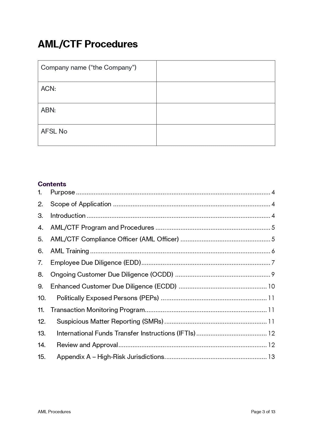 AML/CTF Procedures Manual Template (AU Compliant): Document outline for anti-money laundering compliance.