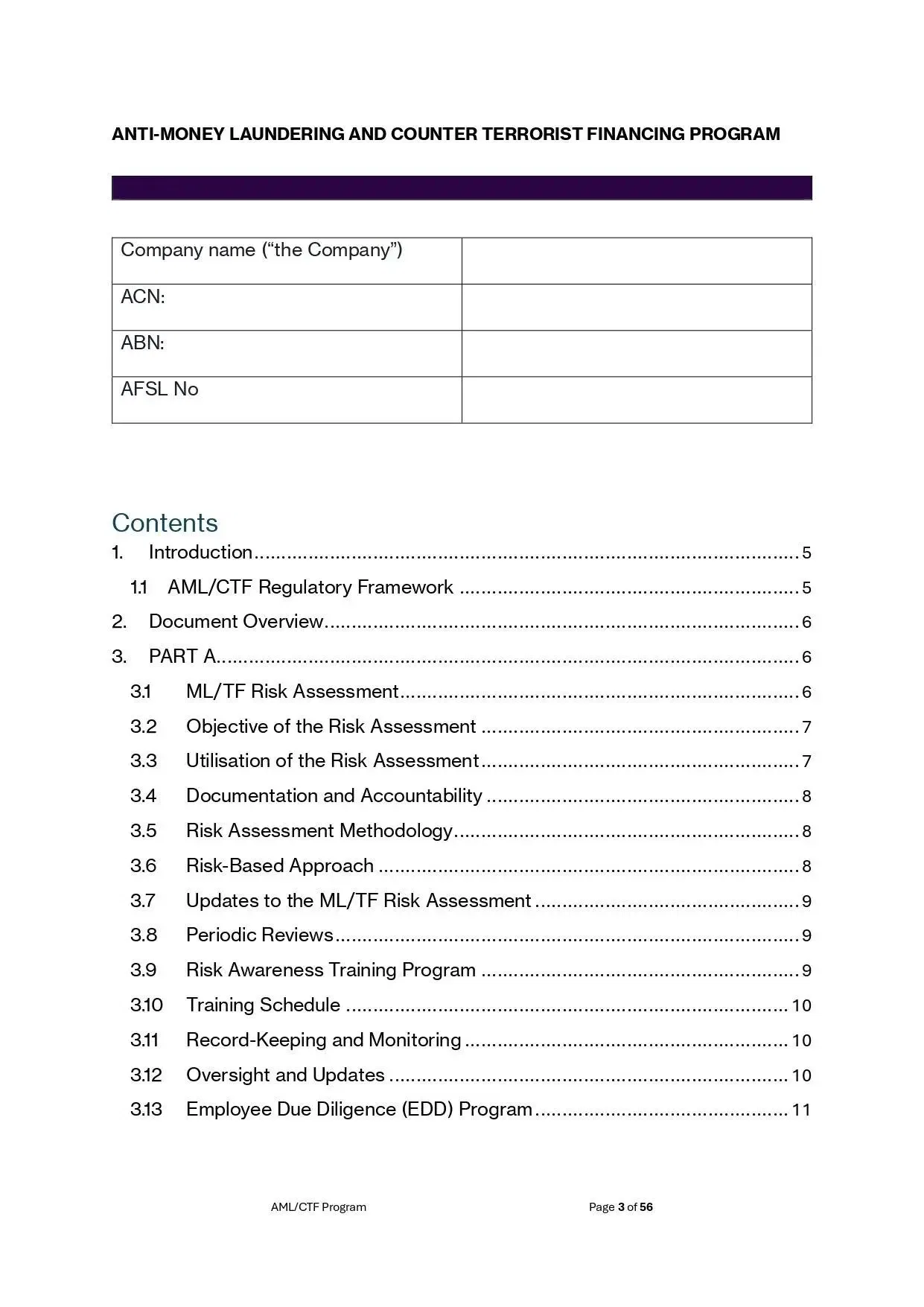 AML/CTF Program Template: Anti-Money Laundering and Counter Terrorist Financing Program document.