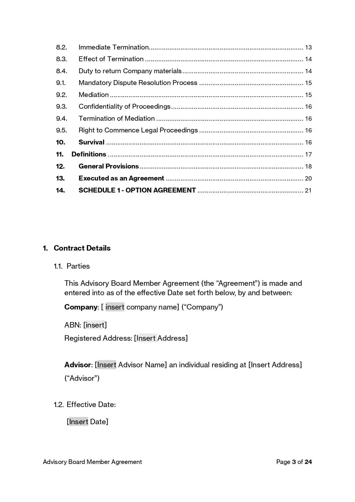 Advisory Board Member Agreement Template: Legally compliant, customizable contract details, including parties, effective date, and key clauses.