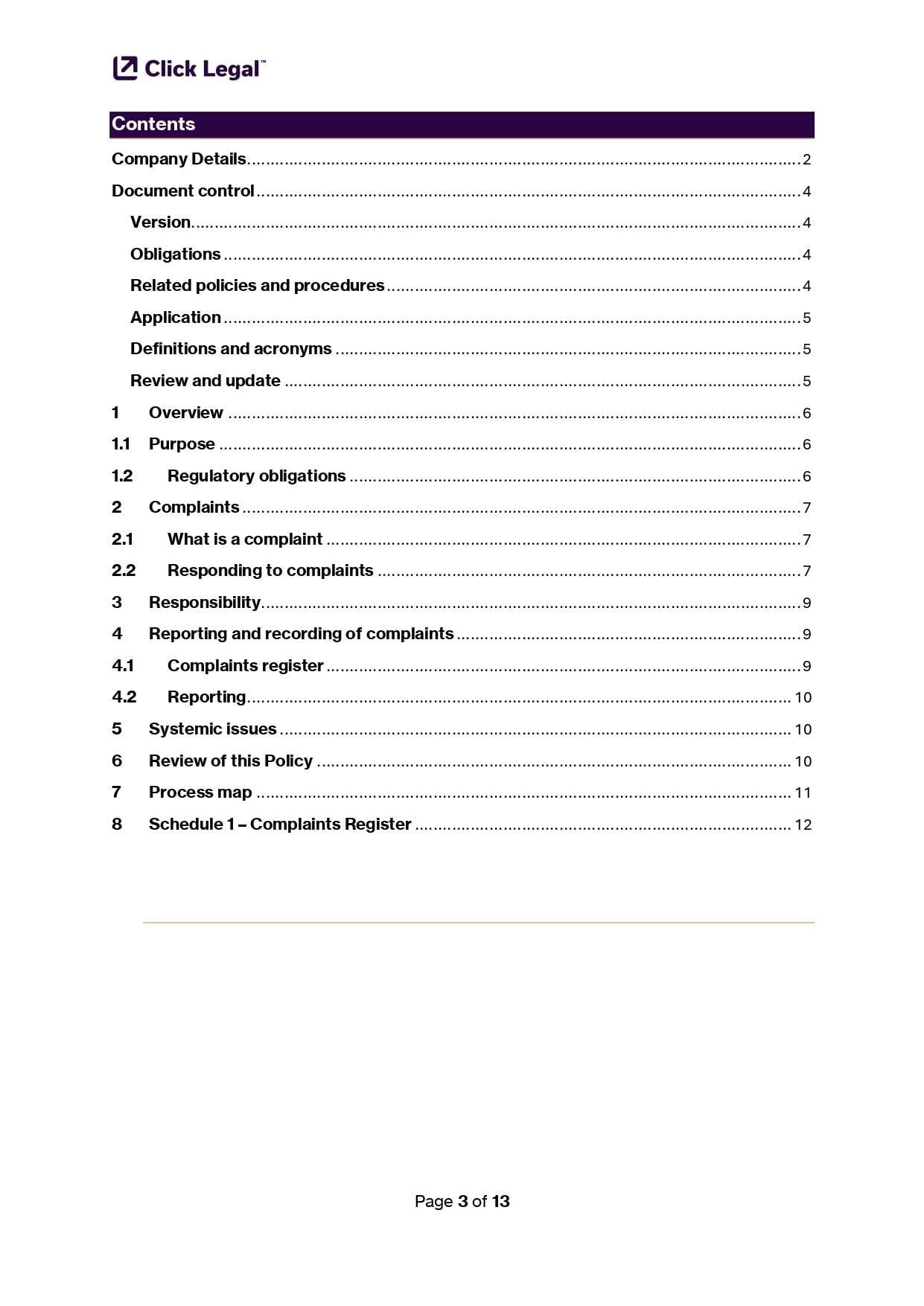 Complaints Handling Policy Template: Table of contents from Click Legal document for AFSL & ACL Holders
