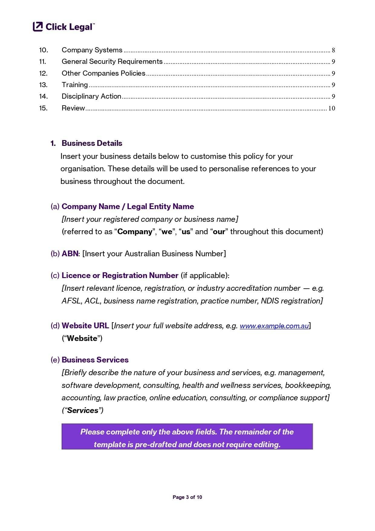 Cybersecurity Policy Template for Australian Businesses: Customise business details for a tailored policy.