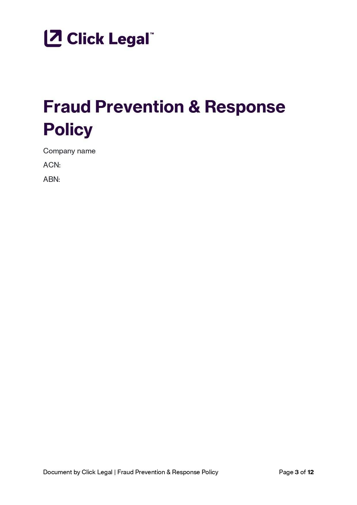 Fraud Prevention & Response Policy Template Australian Business document cover.