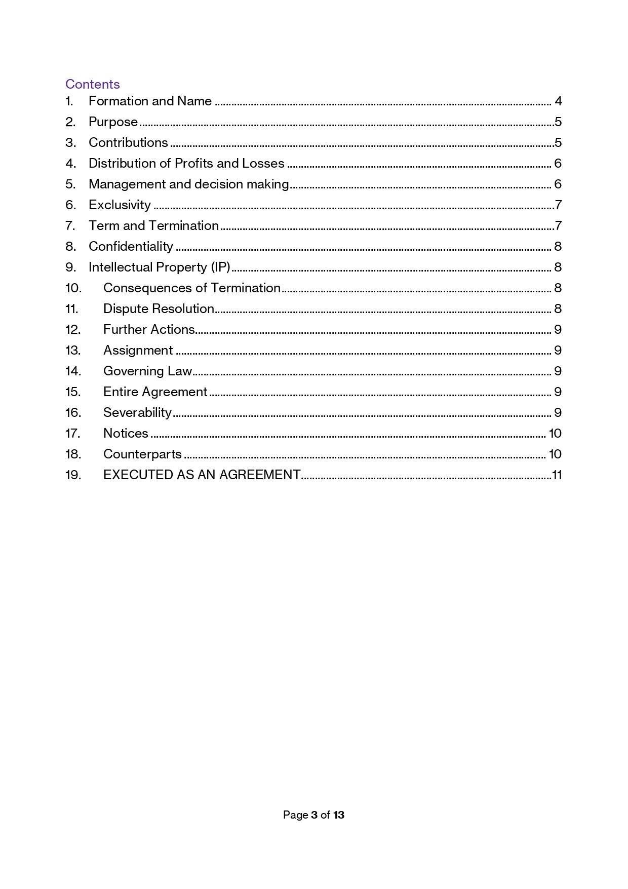 Joint Venture Agreement Template (Australia) contents page. Lawyer-drafted and easy to customise.