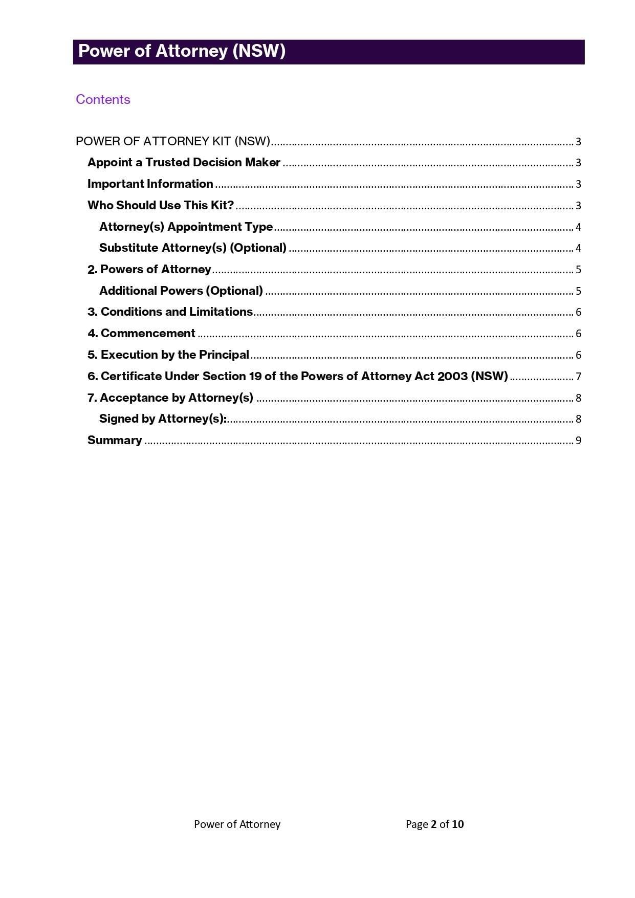 Power of Attorney Kit (NSW) contents page. Legal template download for appointing a trusted decision maker.