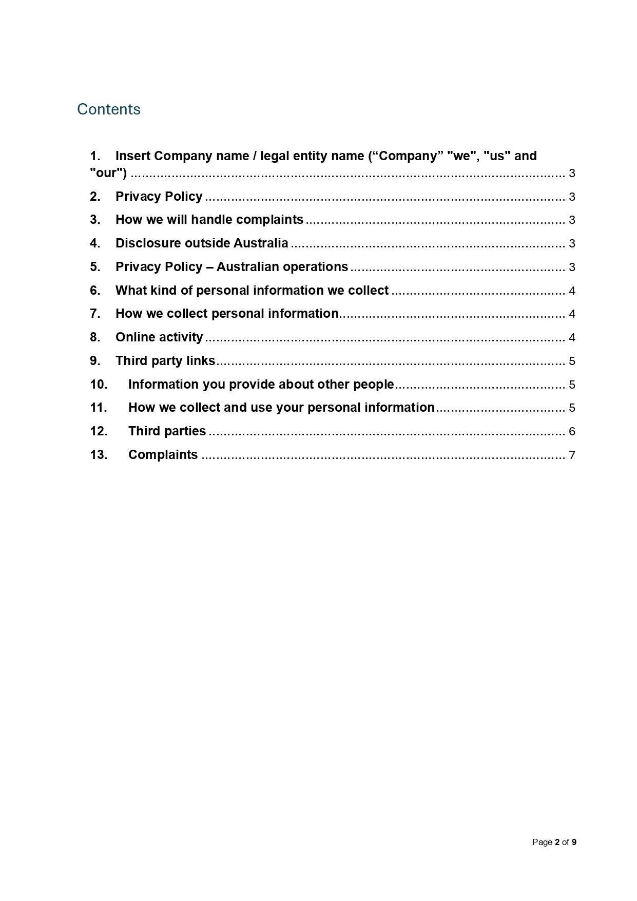 Contents page of an Australian Privacy Policy Template with GDPR Alignment, showing sections and page numbers.
