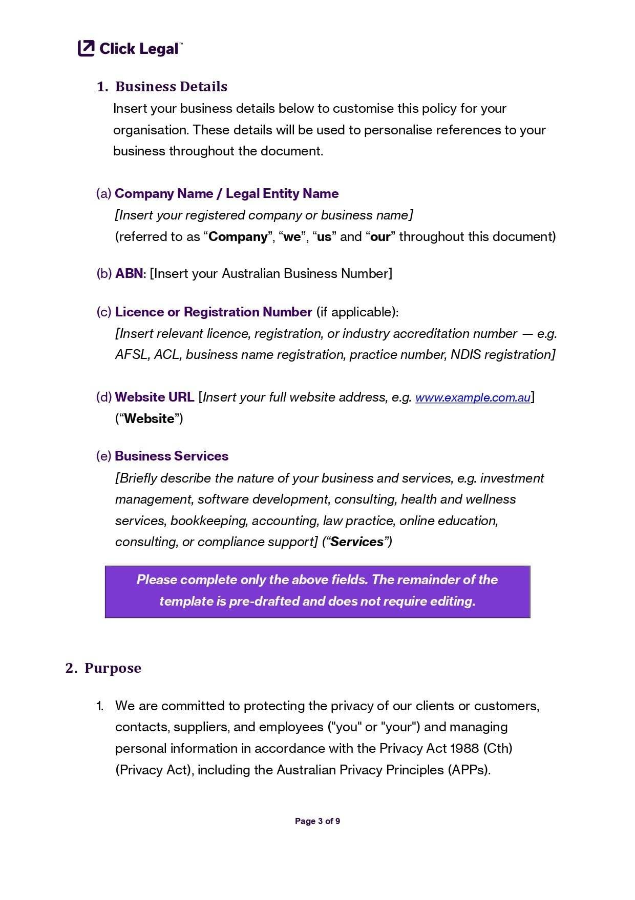 Click Legal™ Privacy Policy Template: Business details section for customization