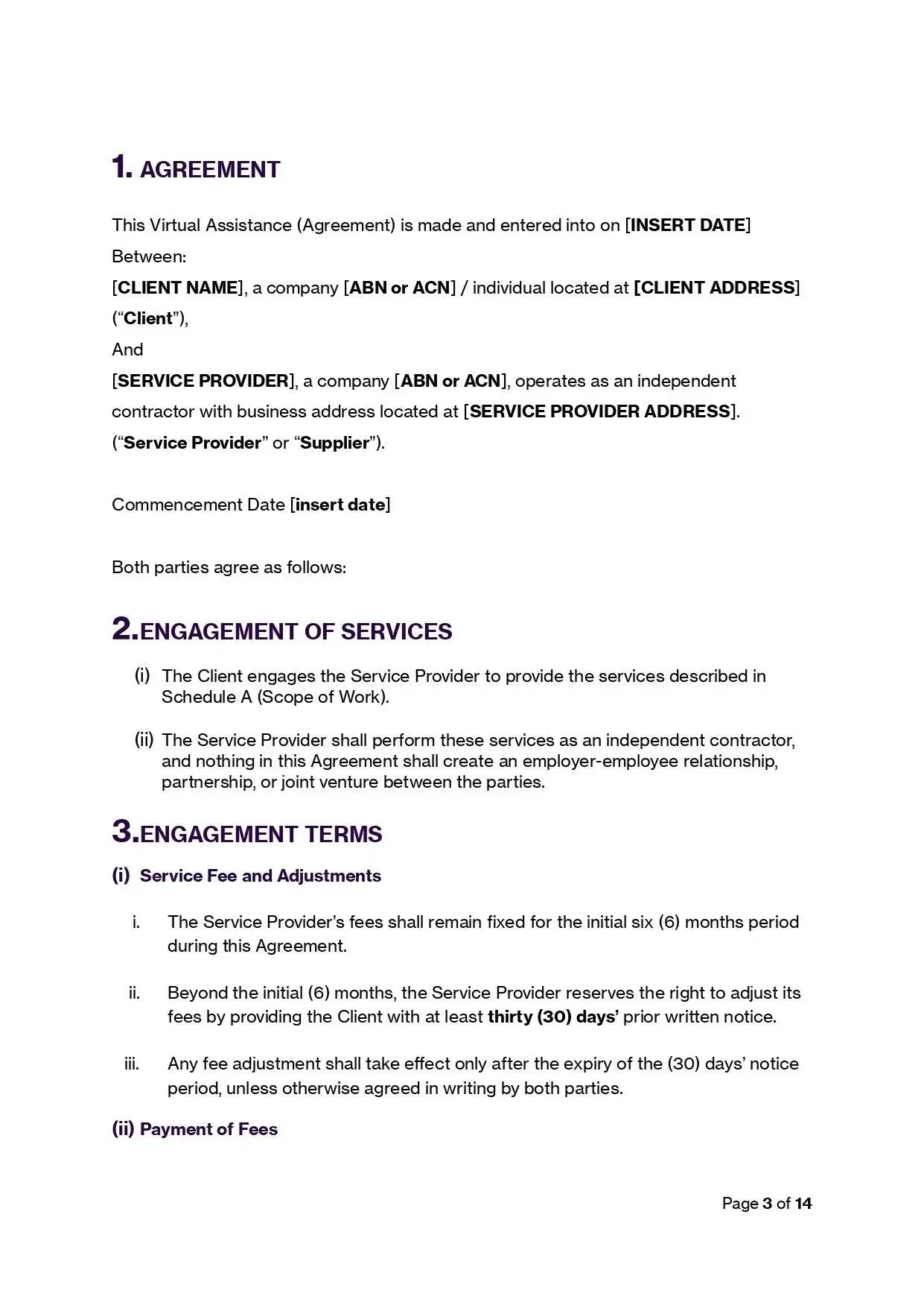 Virtual Assistant Agreement Template (Australia): Legally compliant contract for VA services, key terms outlined.