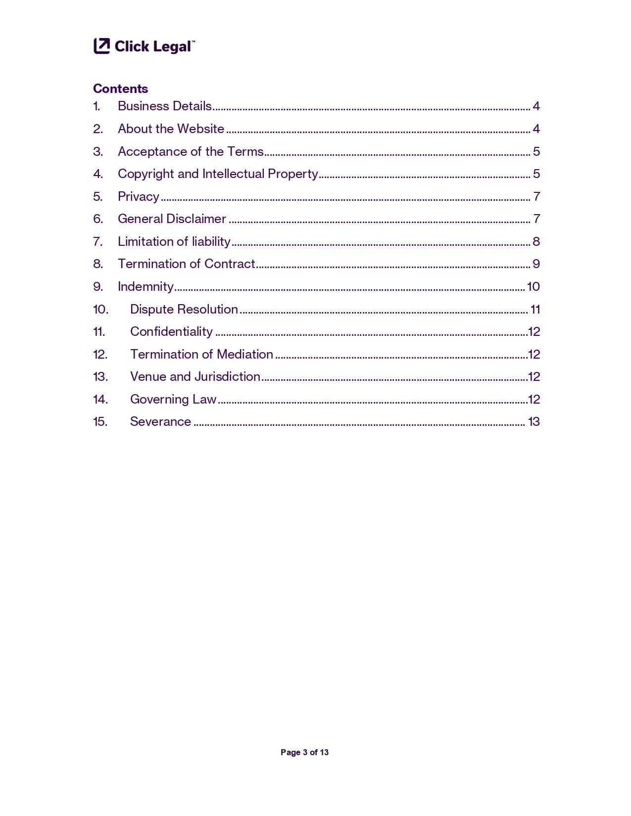 Website Terms & Conditions Template: Contents page outlining business details, copyright, privacy, liability, and dispute resolution.