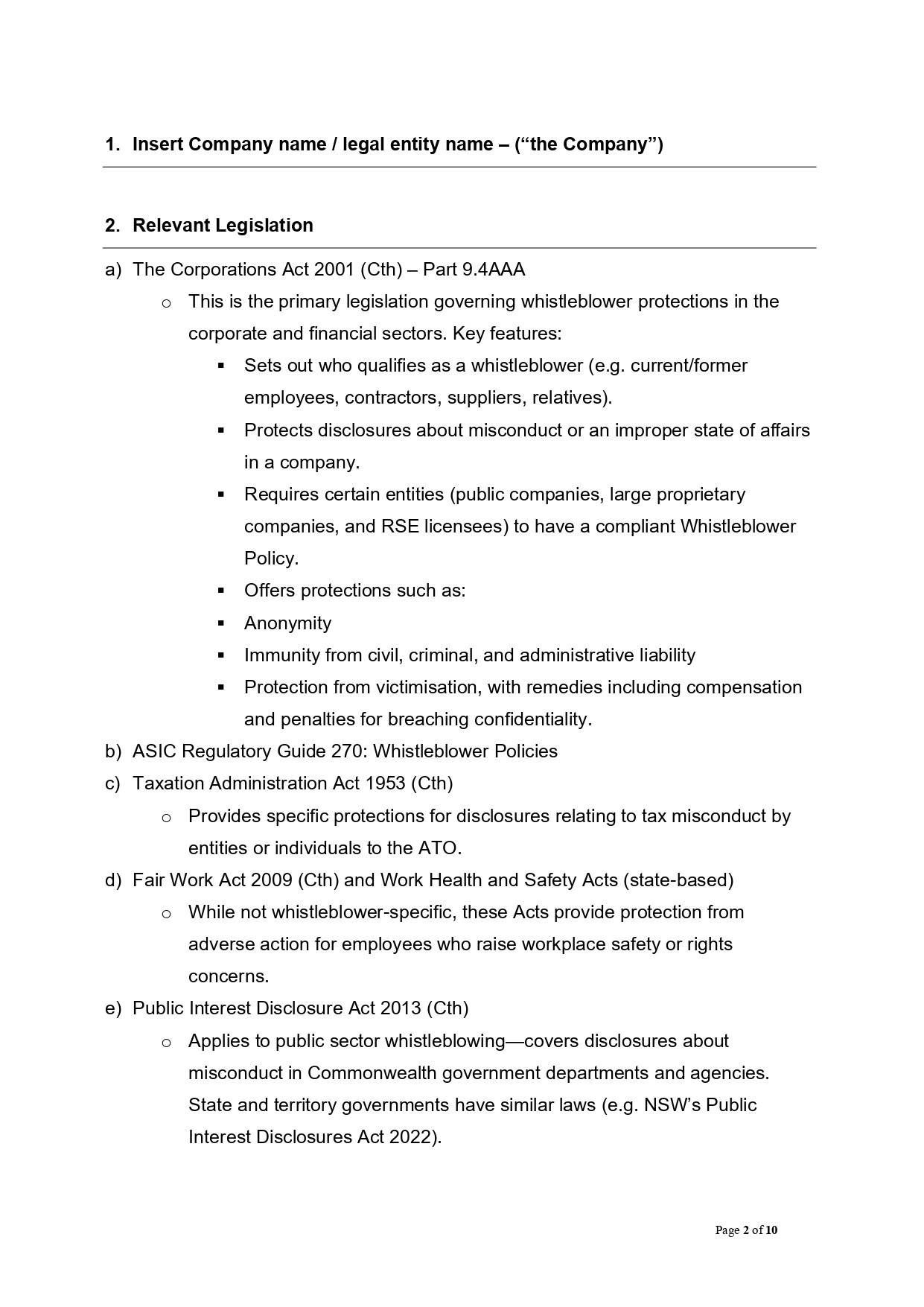 Whistleblower Policy Template: Document outlining relevant legislation.