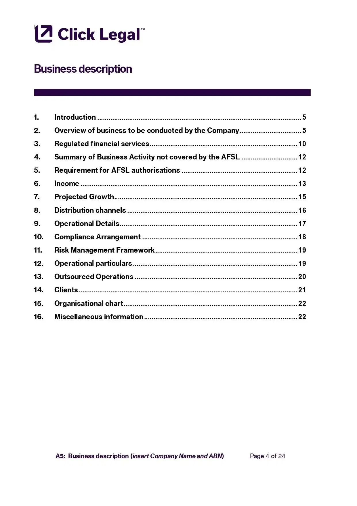 AFSL A5 Business Description Template: Click Legal business description table of contents.
