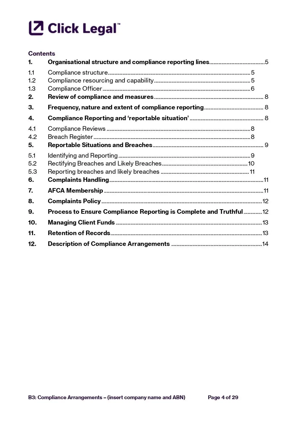 Click Legal AFSL B3 Proof Template: Table of contents for ASIC-aligned compliance arrangements.