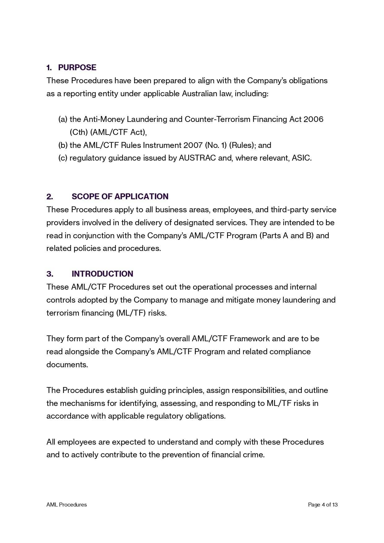 AML/CTF Procedures Manual Template (AU Compliant) excerpt: Purpose, scope, and introduction to anti-money laundering compliance.