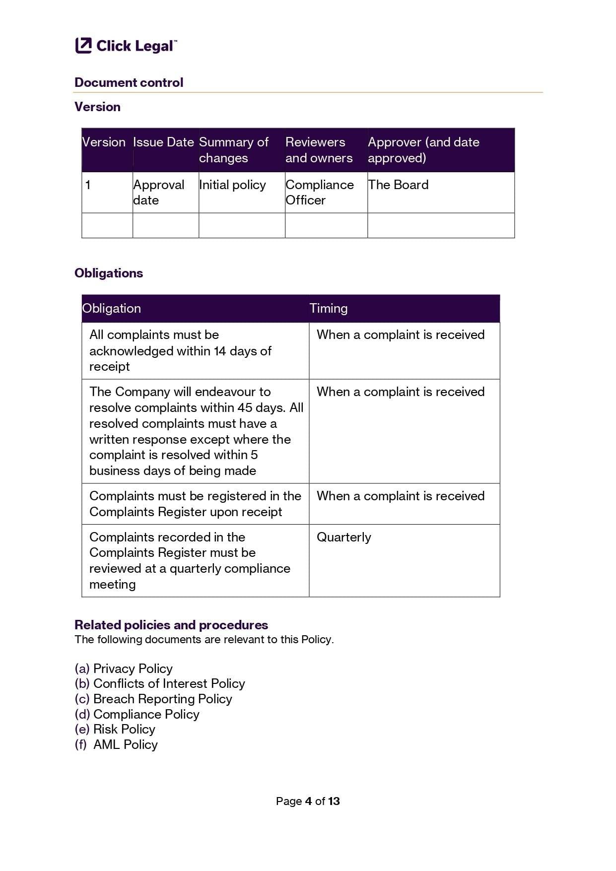 Complaints Handling Policy Template: Document control, obligations, related policies & procedures tables.