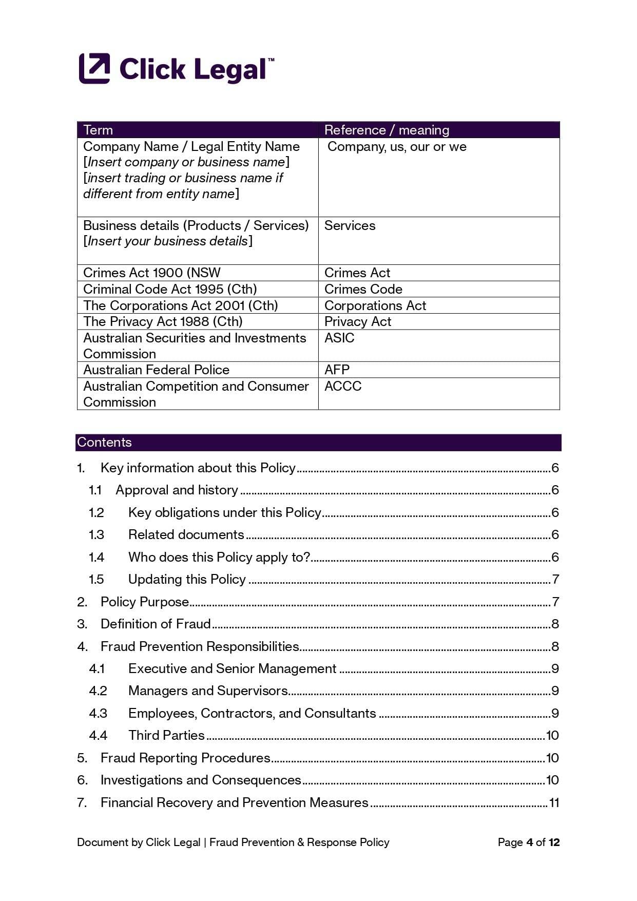 Fraud Prevention & Response Policy Template for Australian Business: Document by Click Legal.