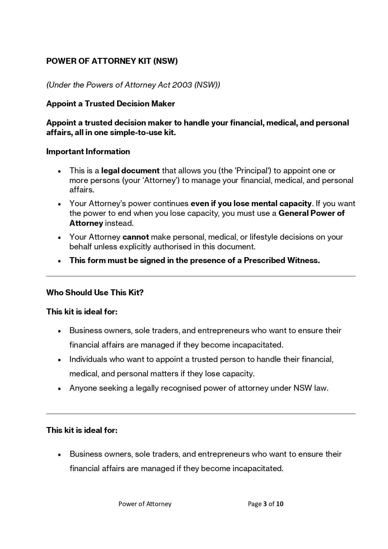 Power of Attorney Kit (NSW): Legal template to appoint a trusted decision maker for financial, medical, & personal affairs.