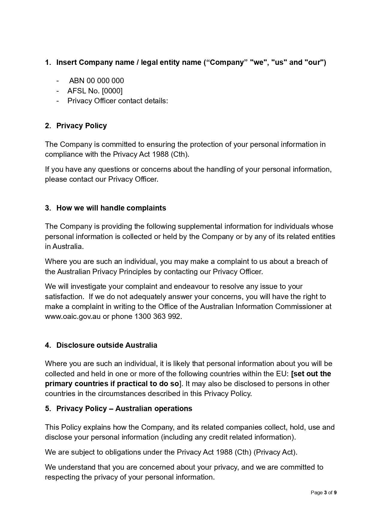 Australian Privacy Policy Template: Editable, compliant document with GDPR alignment, covering privacy and complaint handling.