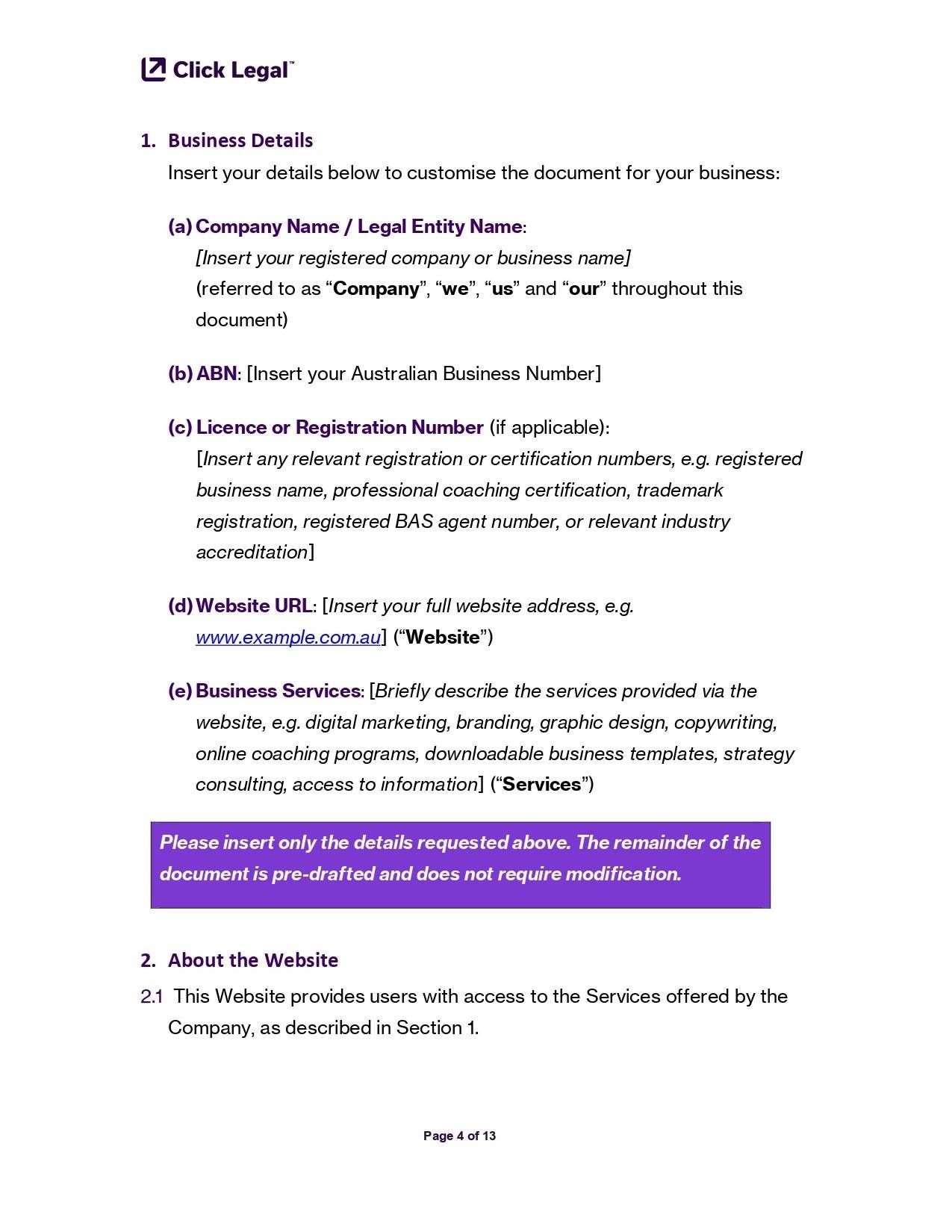 Click Legal™ Website Terms & Conditions Template: Document for customizing business details, legal name, ABN, and website URL.