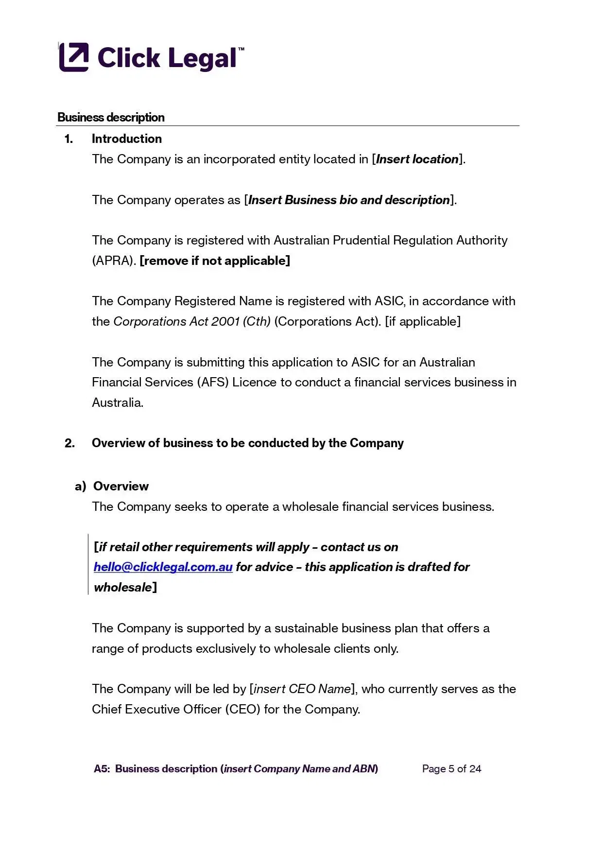 Click Legal AFSL A5 Business Description Template: ASIC-ready template for financial services license application.