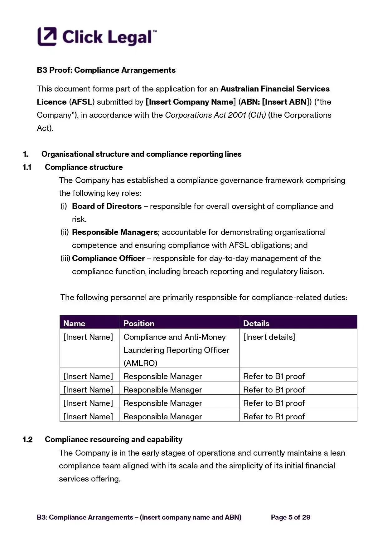 AFSL B3 Proof Template: Compliance Arrangements document outlining organizational structure and key compliance roles.