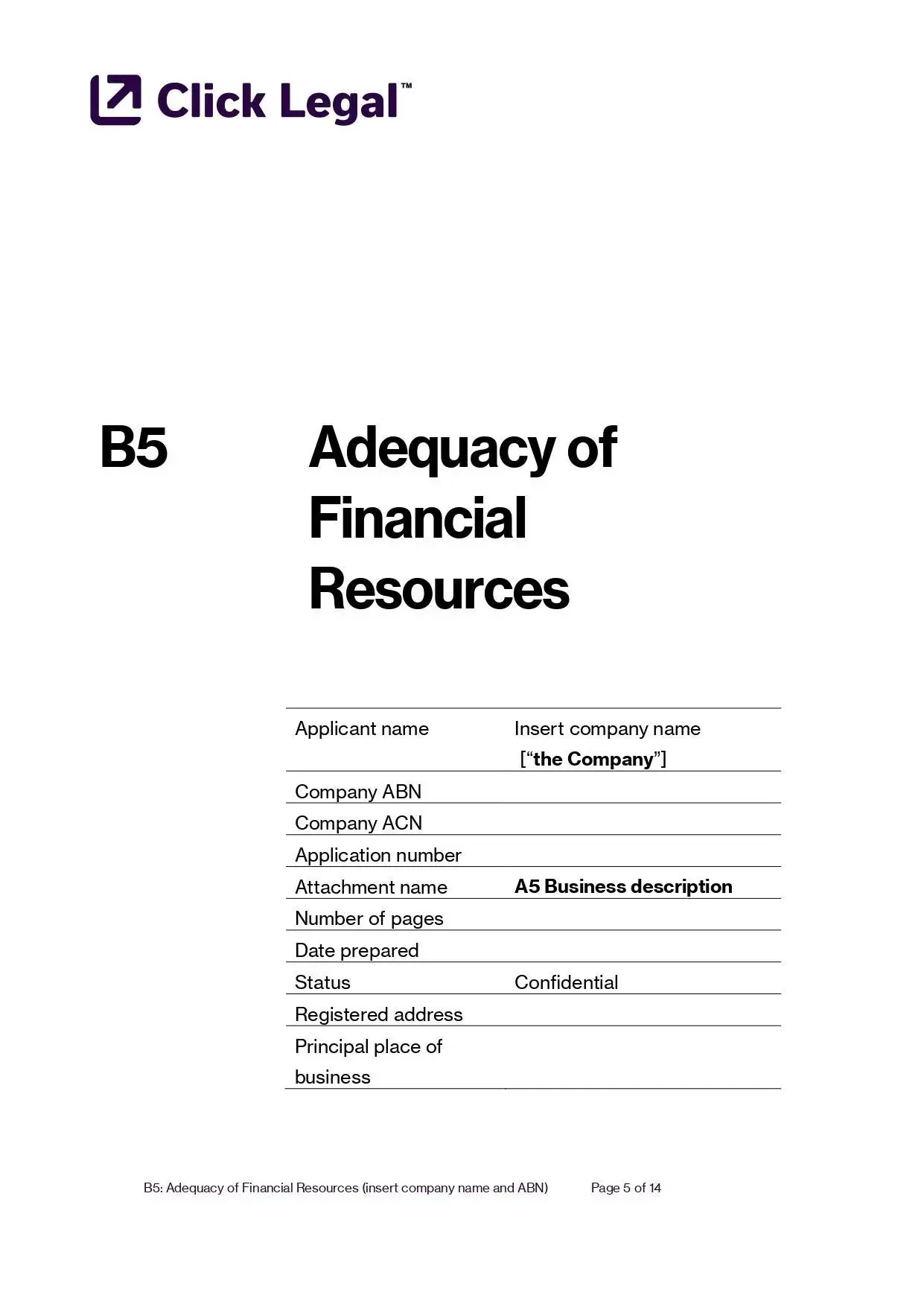 AFSL B5 Financial Resources Template: Click Legal document outlining adequacy of financial resources for company application.