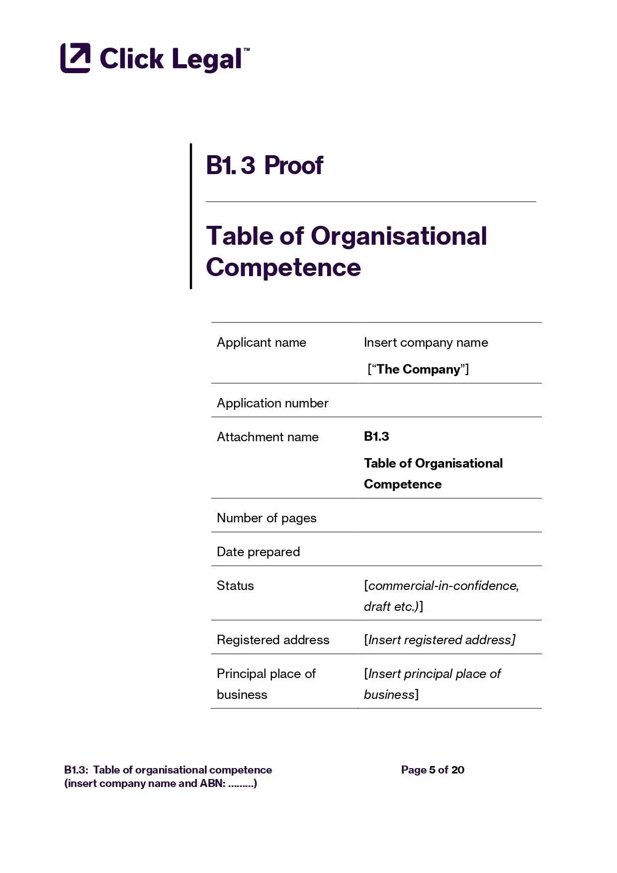 AFSL Table of Organisational Competence Template (Formerly B1) Sample Page