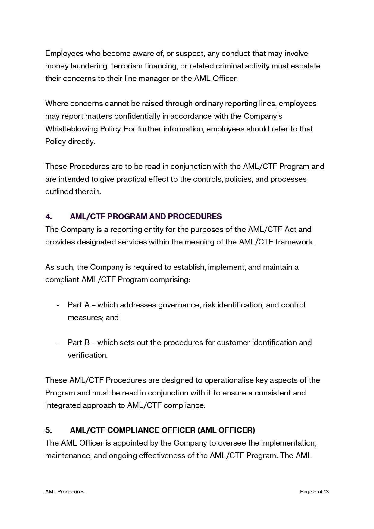AML/CTF Procedures Manual Template (AU Compliant): Document outlining AML/CTF program and procedures, compliance officer responsibilities.