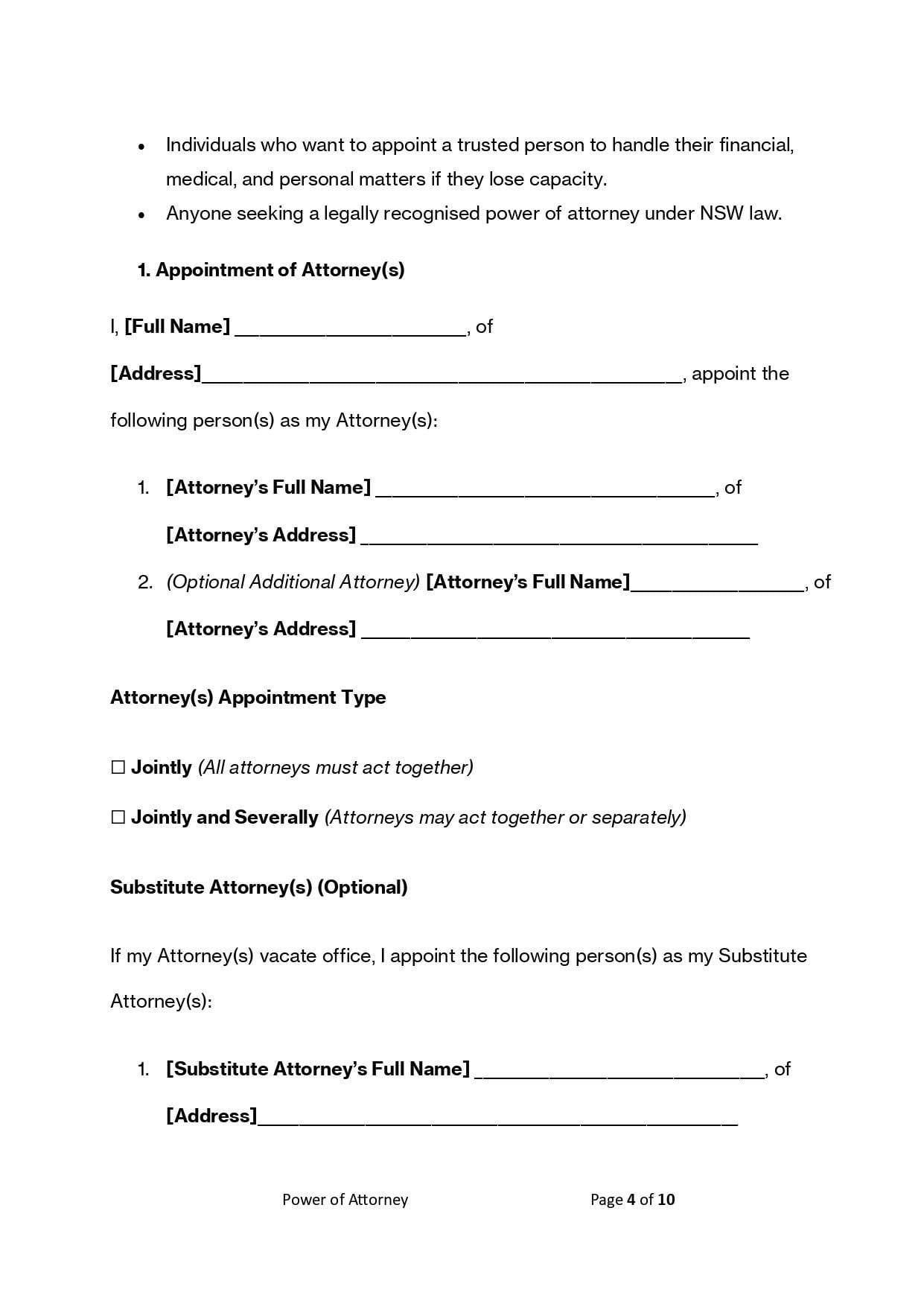 Power of Attorney Kit (NSW): Legal template download, appointment of attorney form example.