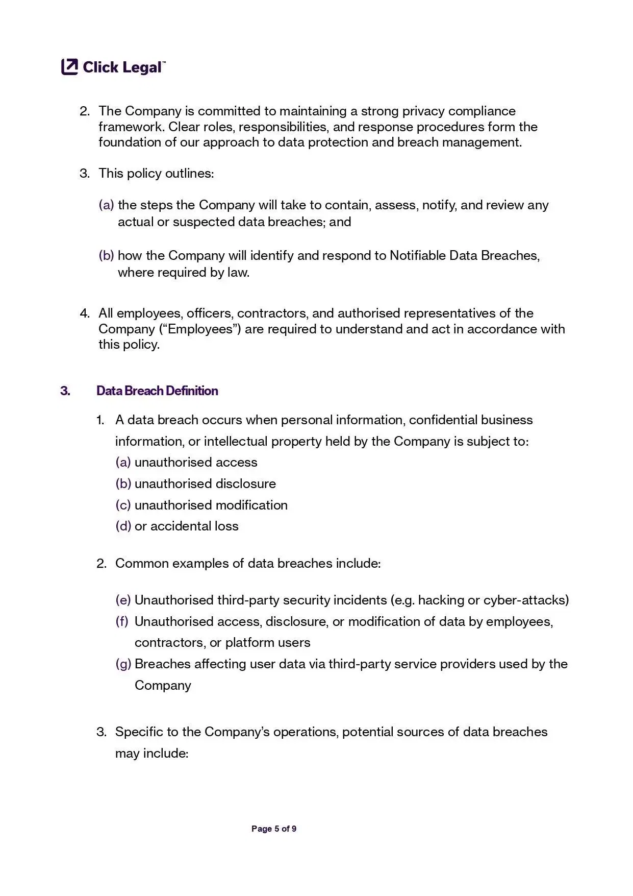 Data Breach Response Policy Template by Click Legal: Privacy compliance for businesses.