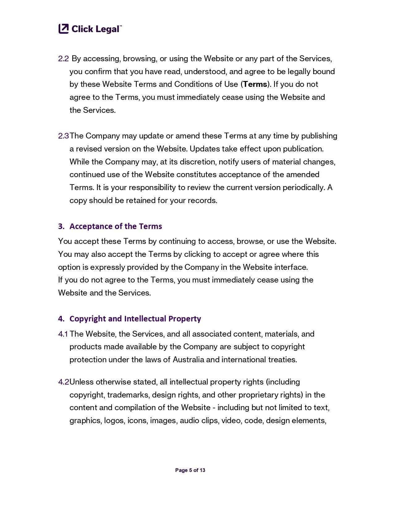 Click Legal™ Website Terms & Conditions Template excerpt