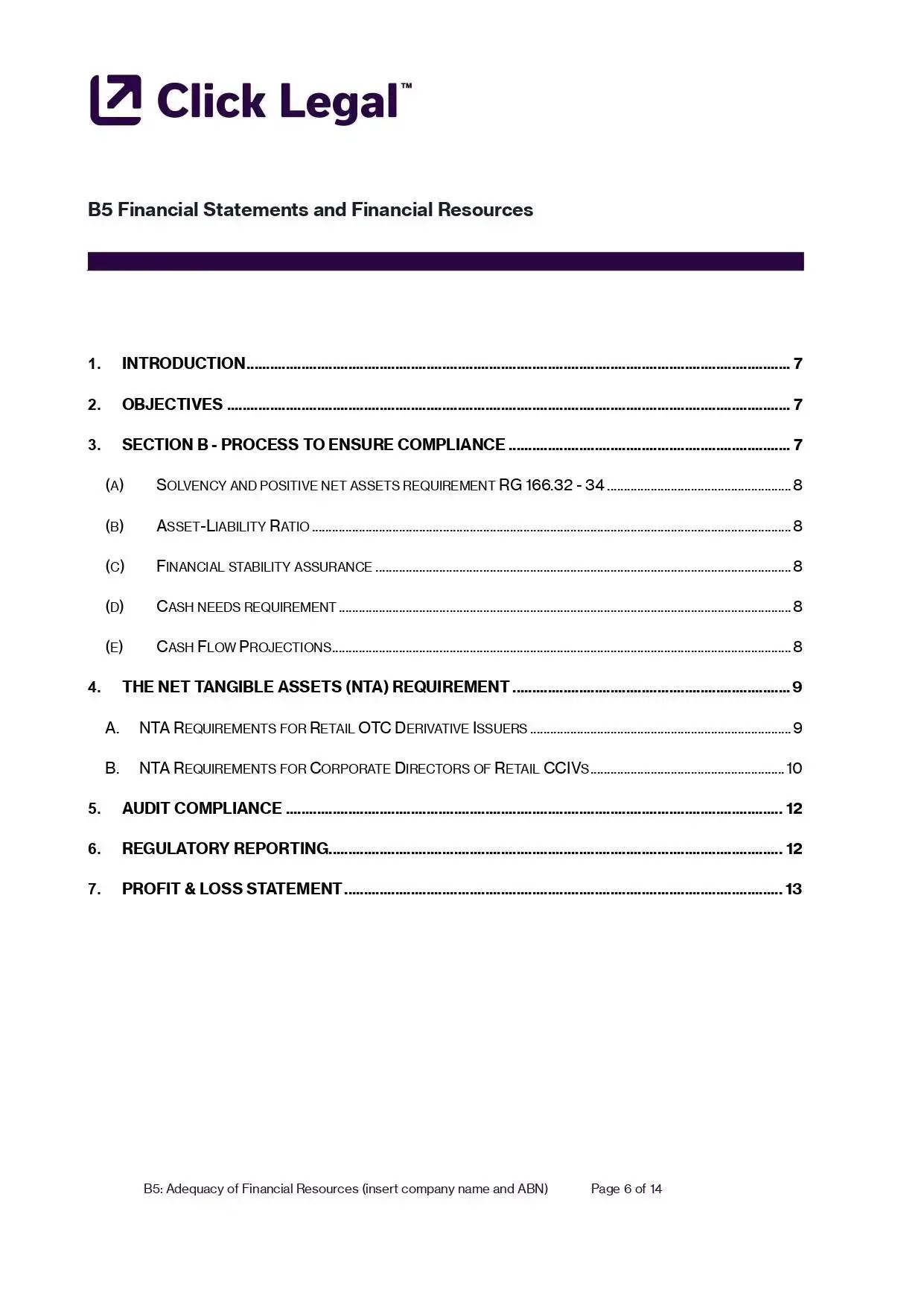 AFSL B5 Financial Resources Template: Financial statement compliance document.