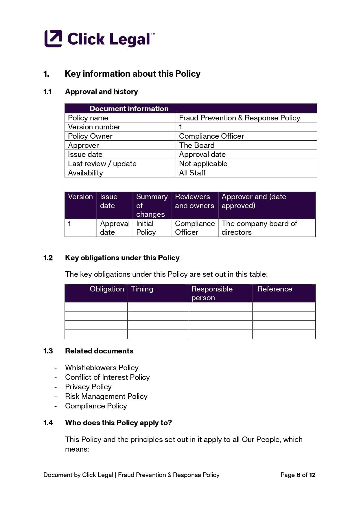 Click Legal Fraud Prevention & Response Policy Template Australian Business document excerpt showing key information and approval history.