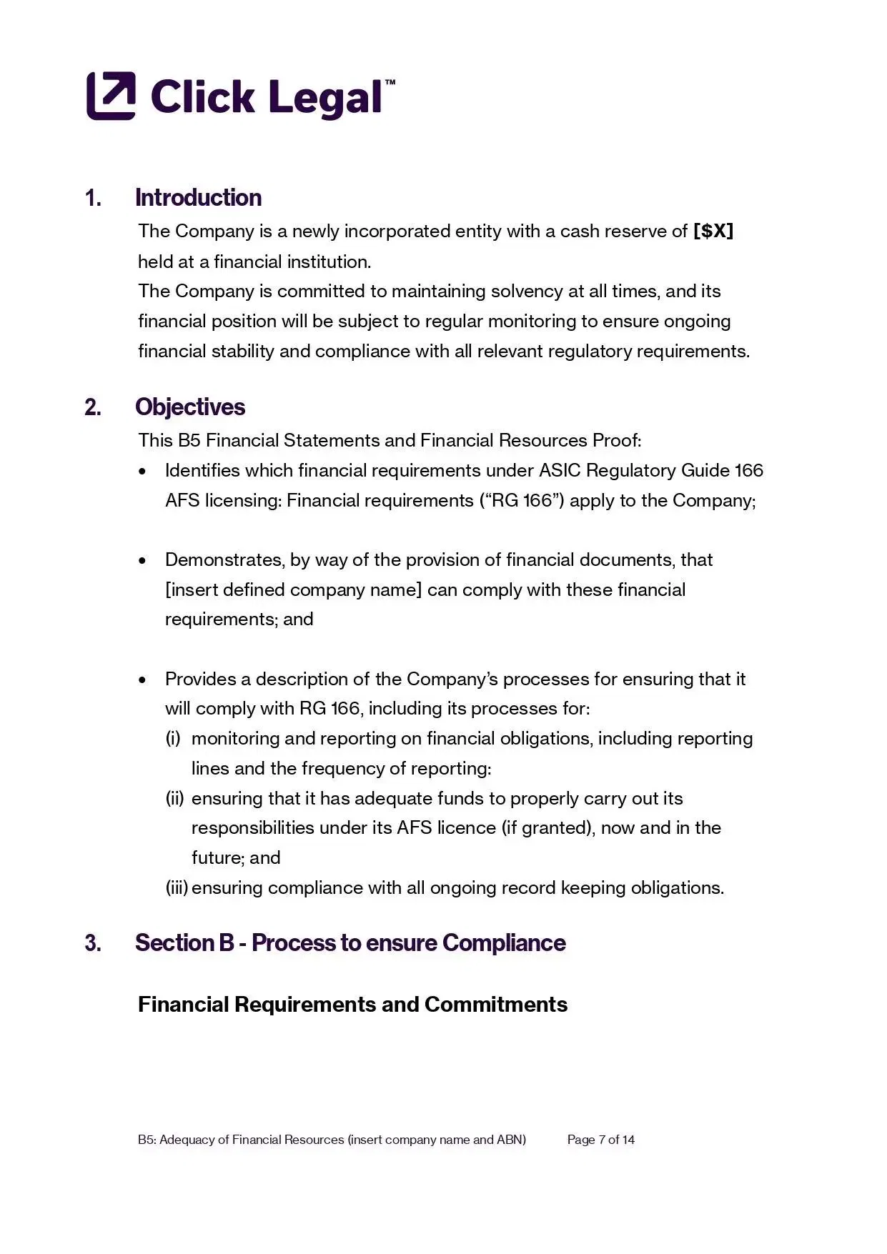AFSL B5 Financial Resources Template: Click Legal document outlining financial requirements, solvency, and compliance for a new company.