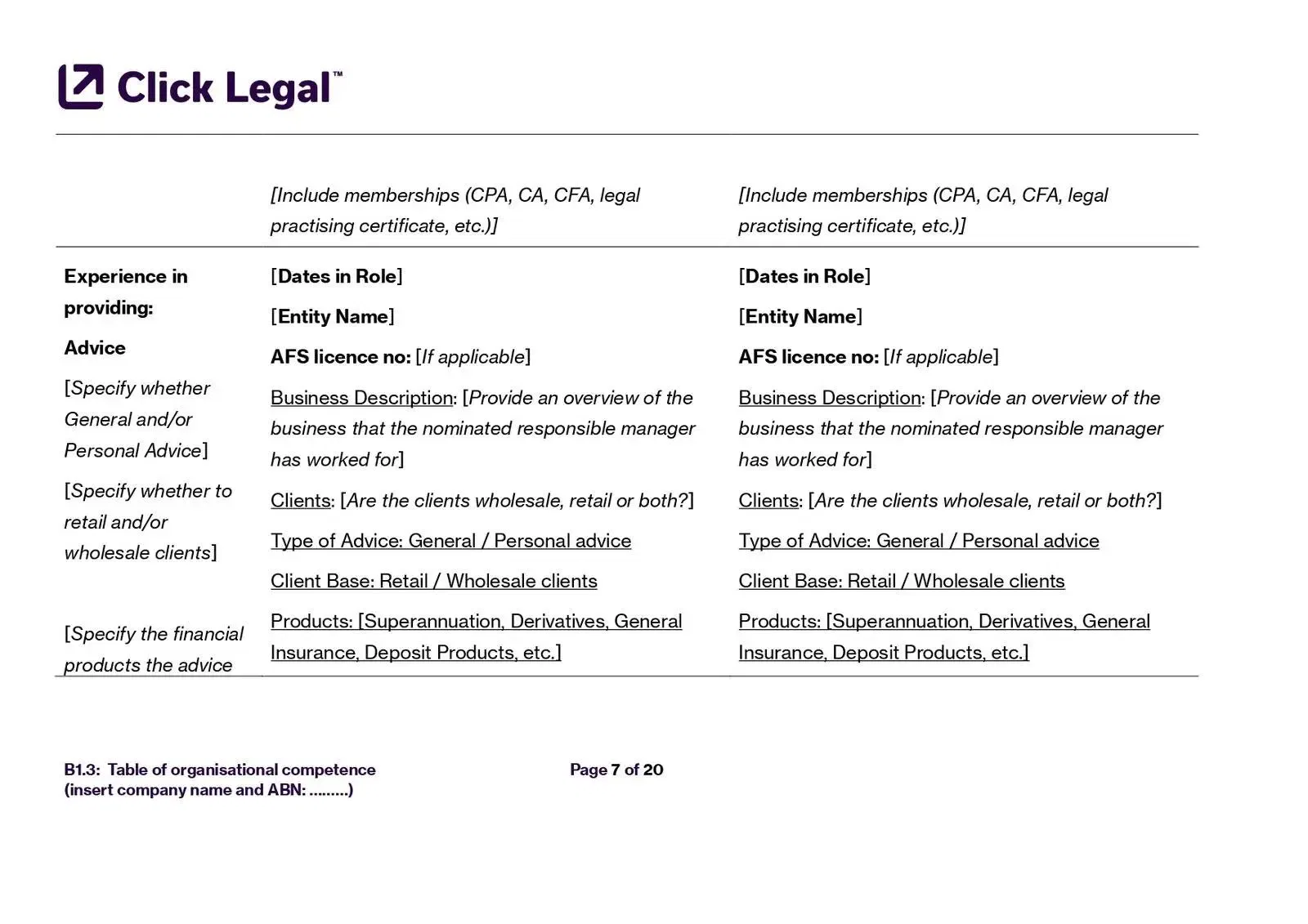 AFSL B1.3 – Table of Organisational Competence: Click Legal™ form for documenting advice experience, memberships, and organizational details.