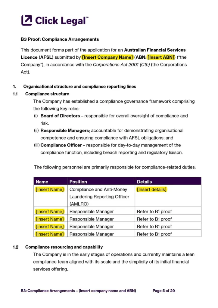 AFSL Compliance Calendar Template showing organizational structure and reporting duties