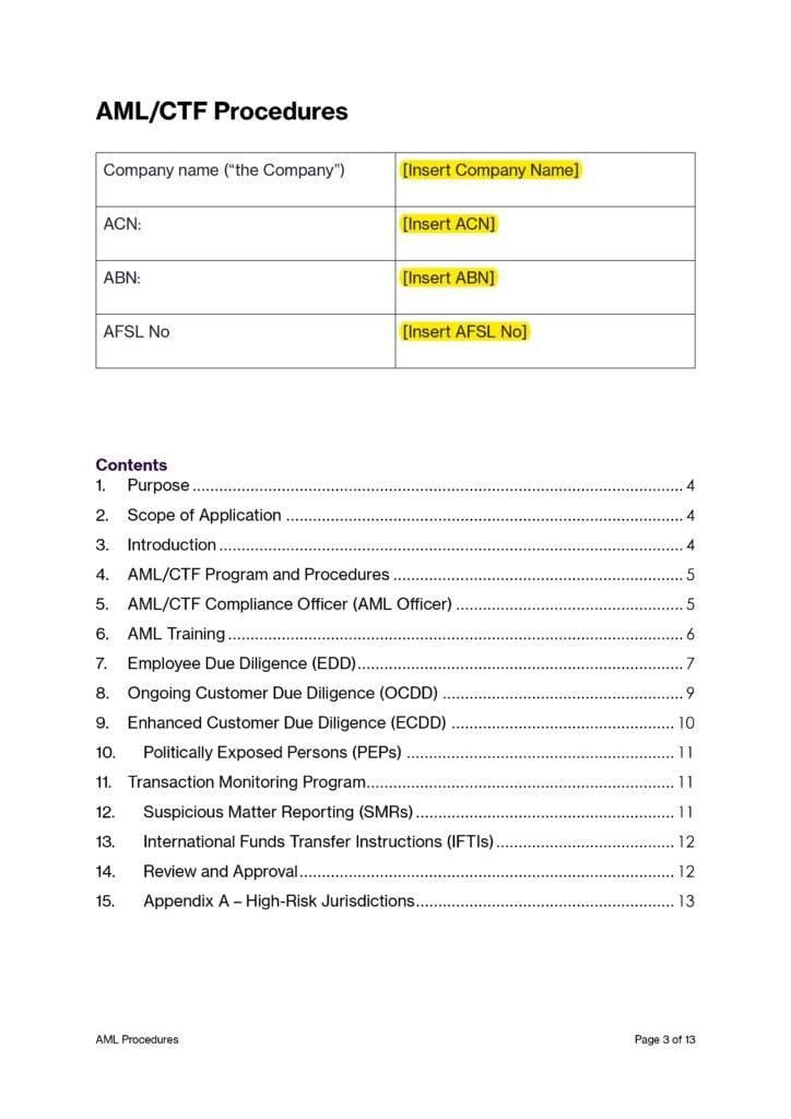 AML/CTF Procedures Manual Template: Table of contents for anti-money laundering compliance.